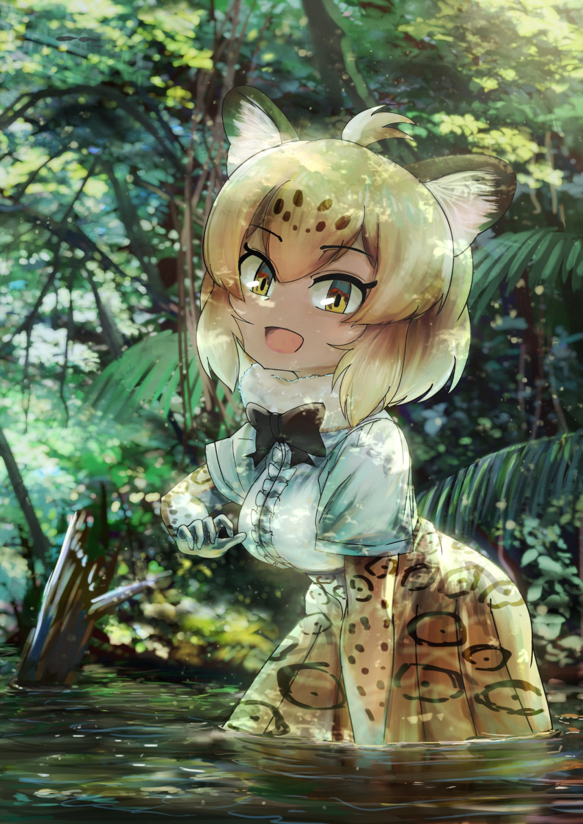 1girl, :d, animal_ears, animal_print, bangs, blonde_hair, blurry, blurry_background, bow, bowtie, brown_hair, center_frills, chibi, dappled_sunlight, day, elbow_gloves, eyebrows_visible_through_hair, frills, fuji_takanasu, fur_collar, gloves, hair_between_eyes, hand_up, high-waist_skirt, highres, jaguar_(kemono_friends), jaguar_ears, jaguar_print, kemono_friends, leaning_forward, looking_at_viewer, medium_hair, multicolored_hair, open_mouth, outdoors, print_gloves, print_skirt, shade, shirt, short_sleeves, skirt, smile, solo, sunlight, two-tone_hair, wading, water, white_shirt, yellow_eyes