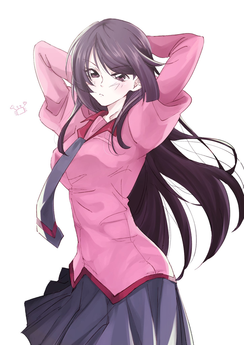 1girl, arms_behind_back, arms_up, bakemonogatari, blush, eyebrows_visible_through_hair, floating_hair, hair_ornament
