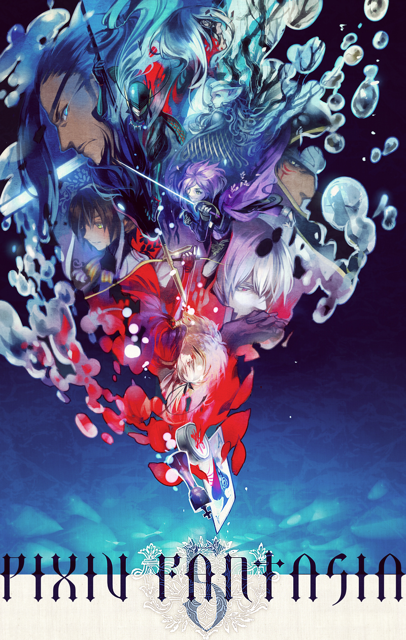 6+boys, albino, androgynous, angry, arrow_(projectile), berukana_(pixiv_fantasia), blue_eyes, bow_(weapon)