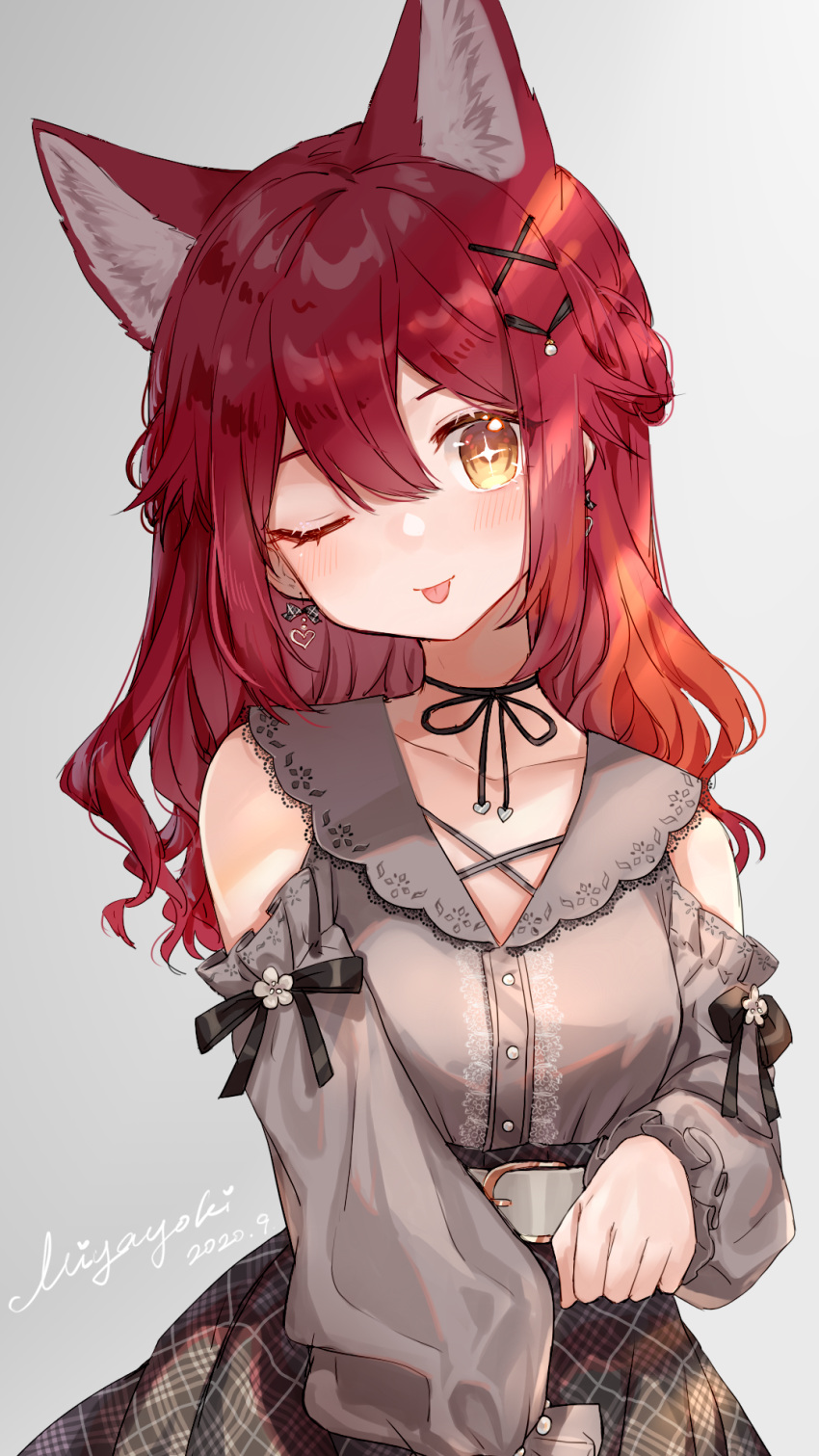 +_-, 1girl, ;p, animal_ears, bare_shoulders, belt, breasts, clothing_cutout, collared_shirt, dress_shirt, earrings, extra_ears, fox_ears, fox_girl, frilled_sleeves, frills, grey_shirt, hair_ornament, heart, heart_earrings, high-waist_skirt, highres, jewelry, long_sleeves, medium_breasts, medium_hair, miyayoki, one_eye_closed, original, plaid, plaid_skirt, puffy_long_sleeves, puffy_sleeves, redhead, shirt, shoulder_cutout, skirt, smile, string_choker, tongue, tongue_out, x_hair_ornament, yellow_eyes
