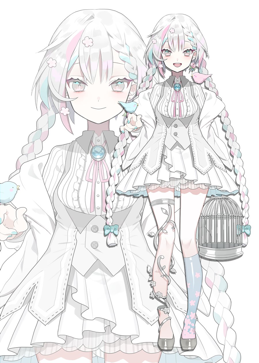 1girl, bangs, birdcage, blue_bow, blue_hair, bow, braid, cage, collared_shirt, flower, grey_footwear, hair_bow, hair_flower, hair_ornament, hasumi_sahiro, highres, indie_virtual_youtuber, jacket, multicolored_hair, natsuro, off_shoulder, official_art, pink_eyes, pink_hair, shirt, skirt, smile, solo_focus, streaked_hair, thigh_strap, twin_braids, virtual_youtuber, white_hair, white_jacket, white_shirt, white_skirt, zoom_layer