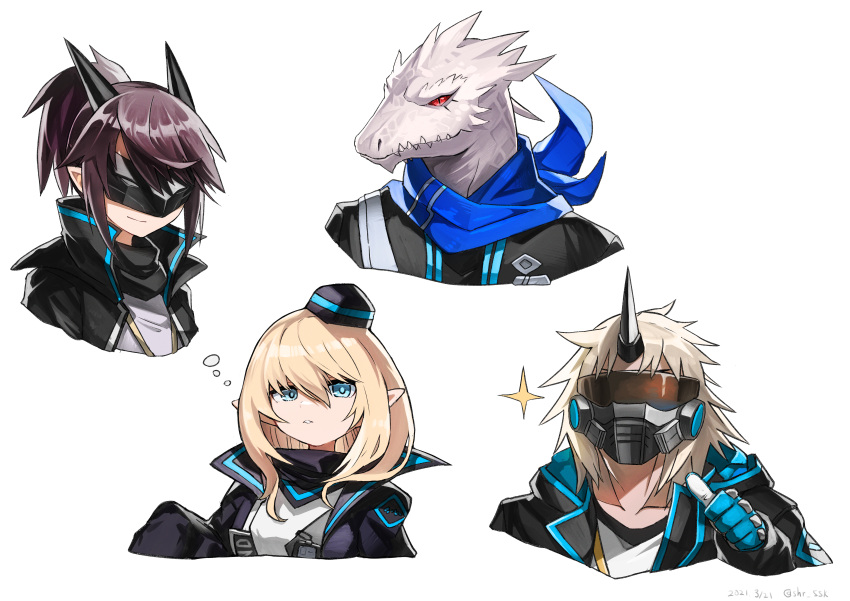 2boys, 2girls, absurdres, albino, arknights, bandana, blonde_hair, blue_eyes