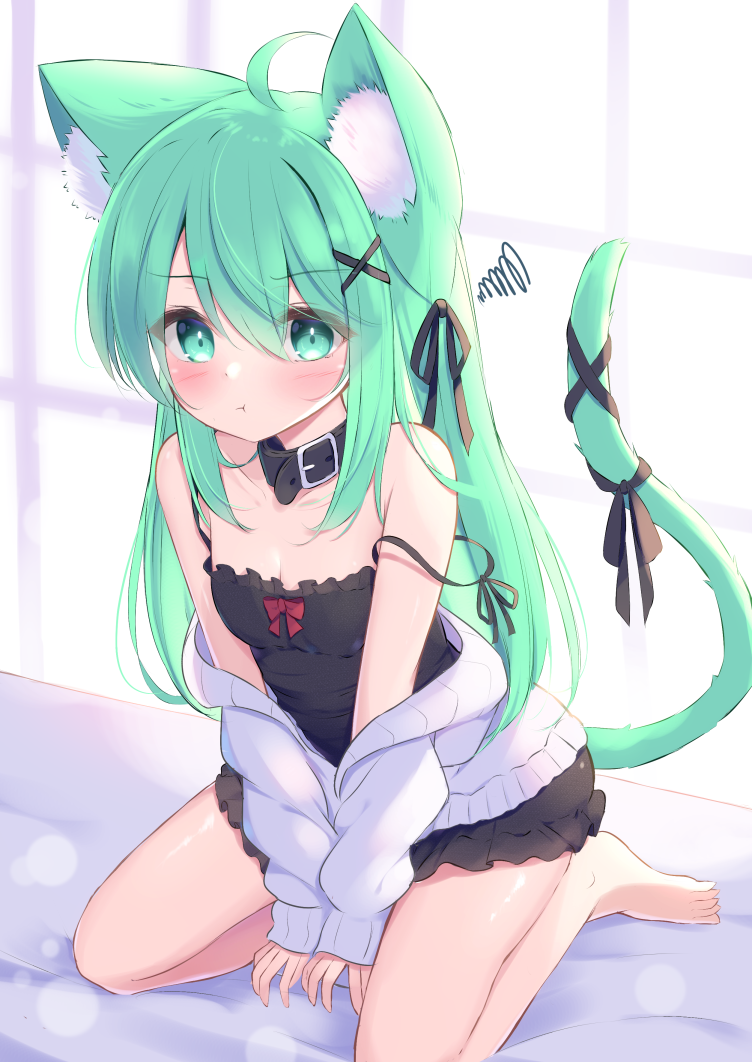 1girl, :t, ahoge, animal_ear_fluff, animal_ears, bangs, bare_shoulders, barefoot, between_legs, black_camisole, black_ribbon, blush, bow, breasts, camisole, cat_ears, cat_girl, cat_tail, commentary_request, eyebrows_visible_through_hair, frilled_camisole, green_eyes, green_hair, hair_between_eyes, hair_ornament, hand_between_legs, indoors, looking_at_viewer, mikaze_oto, on_bed, original, pout, red_bow, ribbon, seiza, sitting, sitting_on_bed, small_breasts, solo, spaghetti_strap, spring_green_eyes, spring_green_hair, squiggle, strap_slip, tail, tail_ornament, tail_raised, tail_ribbon, window, x_hair_ornament