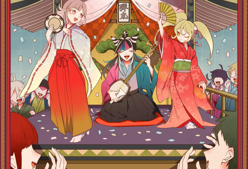 4boys, 5girls, :d, ahoge, alternate_costume, alternate_hairstyle, arm_up, bangs