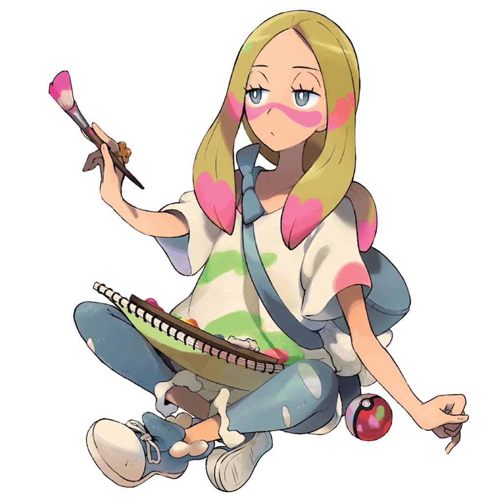 1girl, blonde_hair, bright_pupils, commentary_request, facepaint, grey_eyes, grey_pants, hand_up