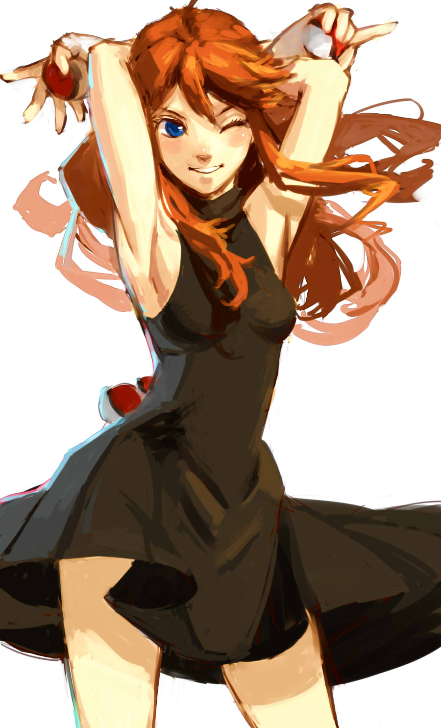 armpits, arms_up, bad_id, bare_shoulders, black_dress, blue_(pokemon), blue_eyes, breasts, brown_hair, cowboy_shot, dress, grin, highres, holding, holding_poke_ball, long_hair, poke_ball, pokemon, pokemon_special, red_hair, redhead, sideboob, simple_background, sleeveless, sleeveless_turtleneck, smile, solo, turtleneck, waist_poke_ball, white_background, wink, xelwyw1103