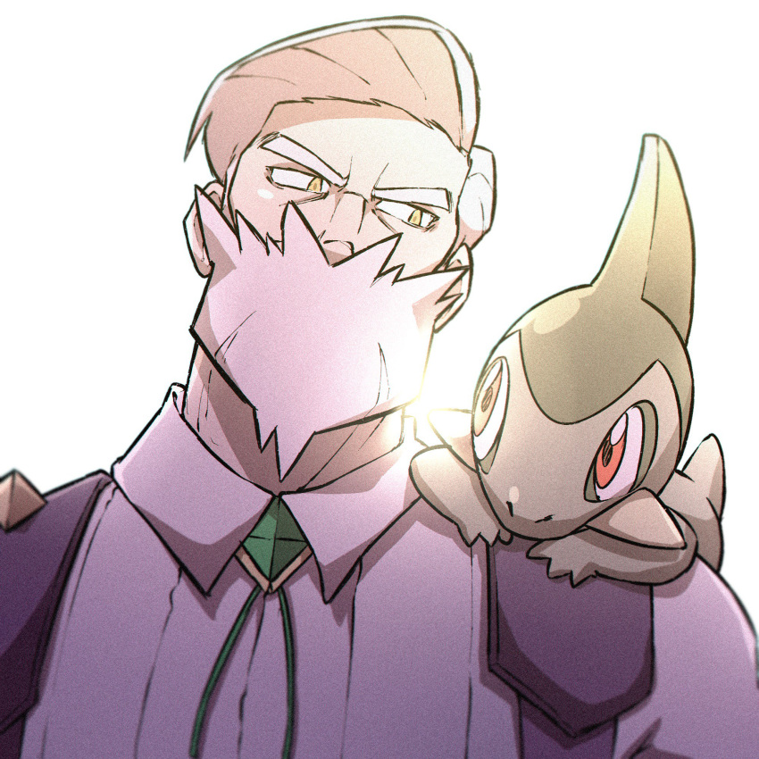 1boy, axew, beard, collared_shirt, commentary, drayden_(pokemon), facial_hair, gen_5_pokemon