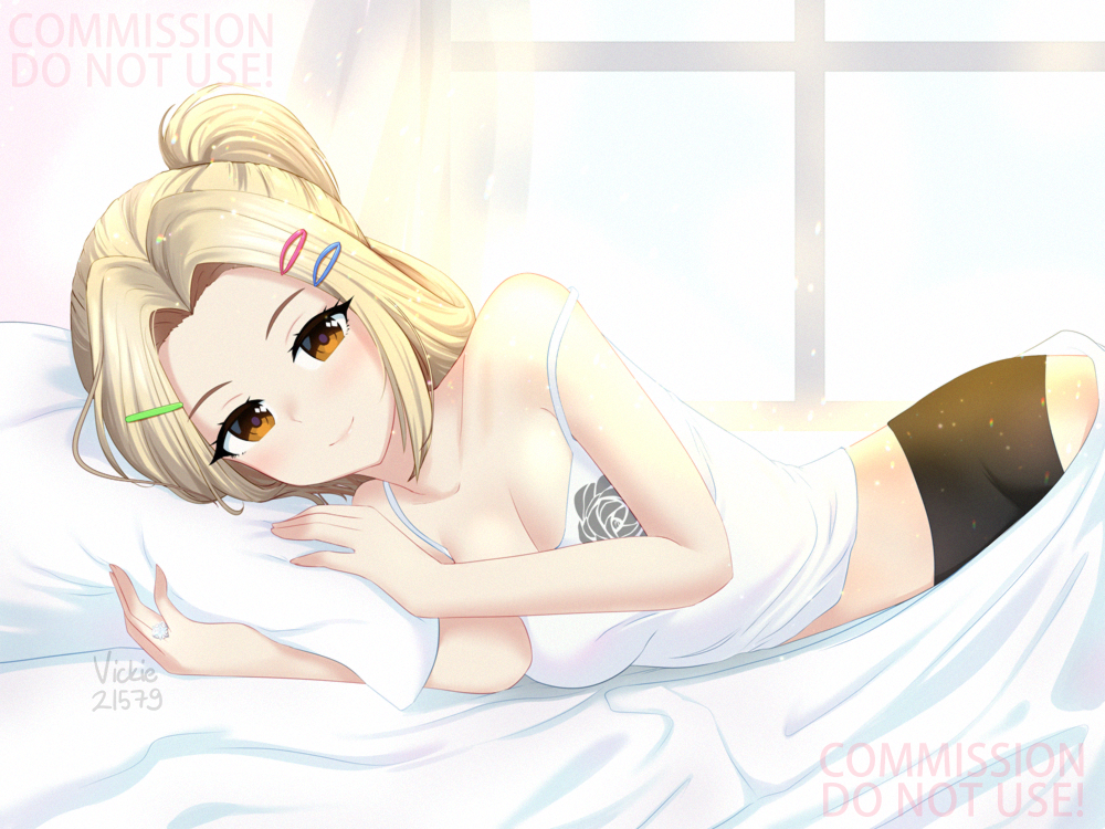1girl, artist_name, azur_lane, backlighting, bare_shoulders, bike_shorts, blonde_hair, breasts