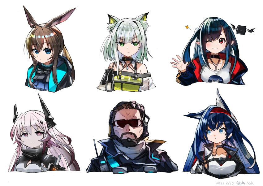 1boy, 5girls, absurdres, ace_(arknights), amiya_(arknights), animal_ear_fluff, animal_ears, arknights, bangs, bare_shoulders, bat_wings, beard, black_hair, blaze_(arknights), blue_eyes, breasts, brown_hair, cat_ears, choker, closure_(arknights), collarbone, dated, dress, facial_hair, github, green_eyes, green_hair, highres, horns, huge_filesize, jacket, kal'tsit_(arknights), long_hair, multiple_girls, one_eye_closed, open_clothes, open_jacket, oripathy_lesion_(arknights), pink_eyes, pointy_ears, popped_collar, rabbit_ears, red_eyes, sahara_(shr_ssk), short_hair, sidelocks, silver_hair, smile, stethoscope, sunglasses, theresa_(arknights), twitter_username, two_side_up, white_background, wings