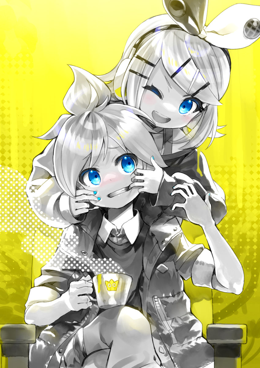 1boy, 1girl, aqua_nails, bangs, blue_eyes, bow, chair, cheek_pull