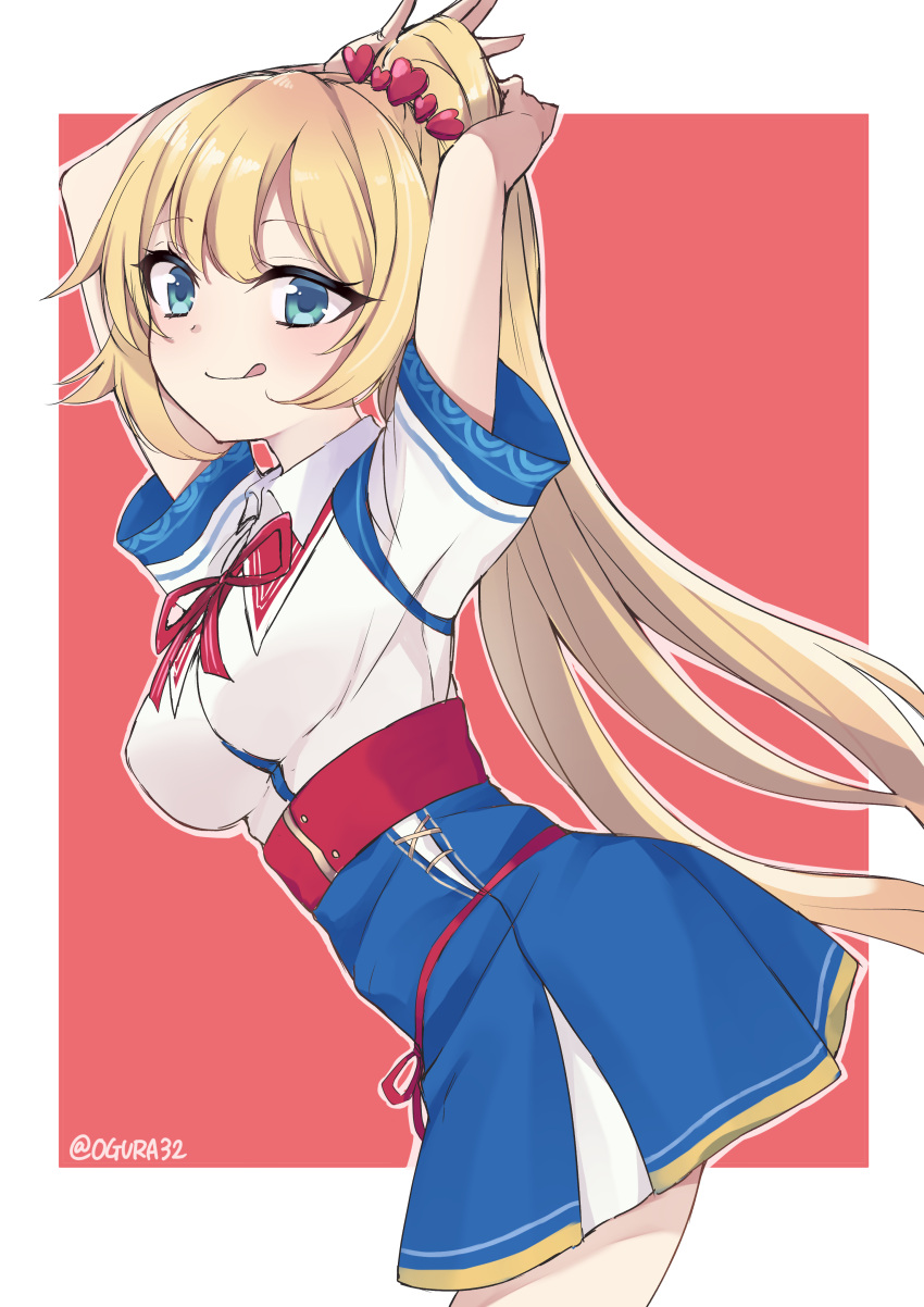 1girl, absurdres, adjusting_hair, akai_haato, alternate_hairstyle, artist_name, bangs, blonde_hair