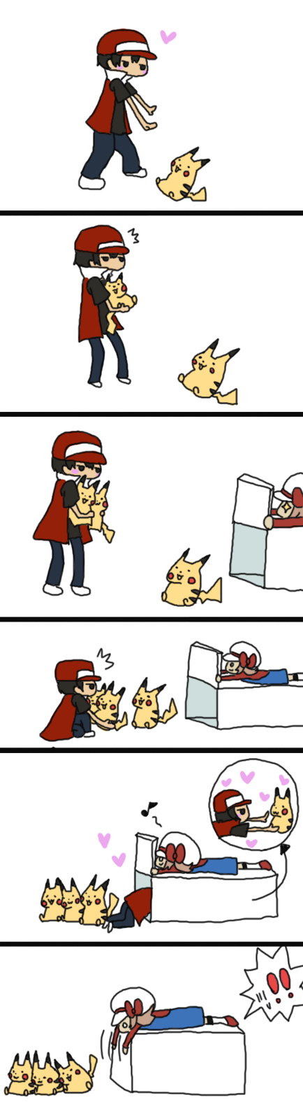 +_+, /\/\/\, baseball_cap, black_hair, blush_stickers, bow, box, brown_hair, cabbie_hat, comic, hat, heart, highres, kotone_(pokemon), overalls, pikachu, pokemon, pokemon_(creature), pokemon_(game), pokemon_gsc, pokemon_rgby, red_(pokemon), silent_comic, zassou_(yurara)