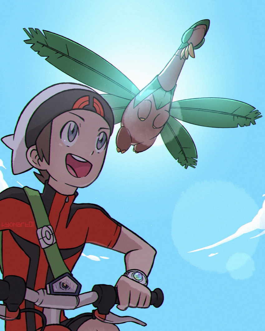 1boy, :d, absurdres, backpack, bag, beanie, bicycle, brendan_(pokemon), brown_hair, clouds, commentary, day, flying, from_below, gen_3_pokemon, green_bag, grey_eyes, ground_vehicle, hat, highres, holding, kyon_(artist), male_focus, open_mouth, outdoors, pokemon, pokemon_(creature), pokemon_(game), pokemon_oras, riding_bicycle, short_hair, short_sleeves, sky, smile, tongue, tropius, turtleneck, upper_teeth, watermark, white_headwear, zipper_pull_tab