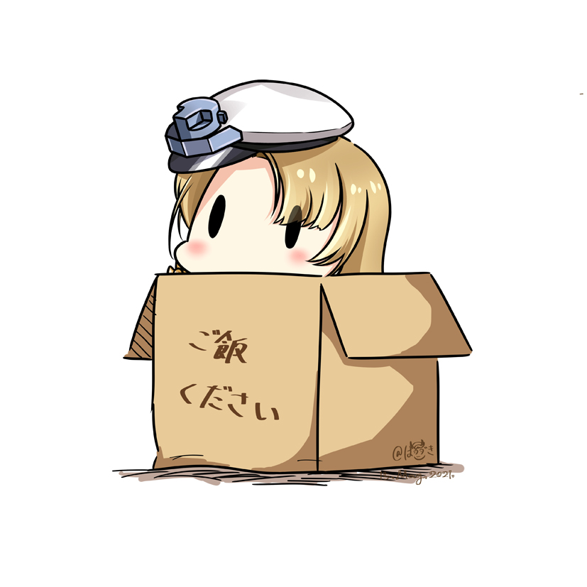 1girl, blonde_hair, box, cardboard_box, dated, hat, hatsuzuki_527, in_box