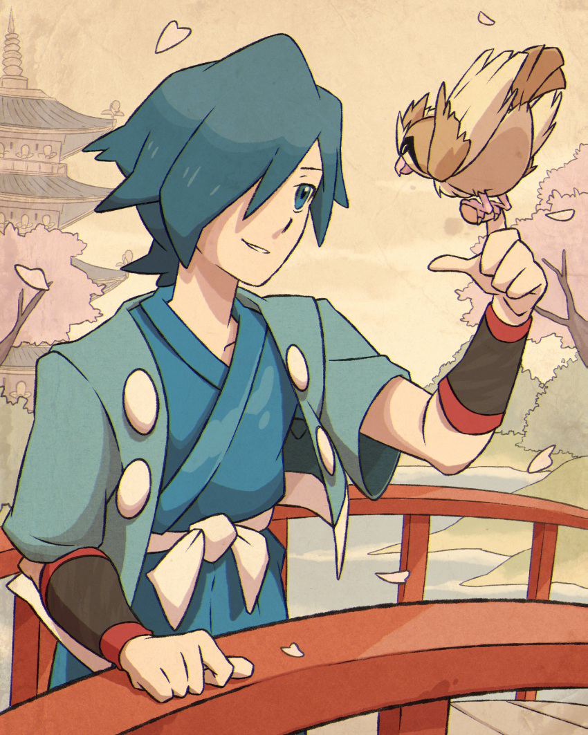 1boy, bangs, bird, bridge, building, commentary_request, day, falkner_(pokemon), gen_1_pokemon, gym_leader, hair_over_one_eye, hand_up, highres, holding, holding_pokemon, japanese_clothes, kyon_(artist), male_focus, outdoors, parted_lips, petals, pidgey, pokemon, pokemon_(creature), pokemon_(game), pokemon_hgss, sash, smile, spanish_commentary, tree, vambraces, water