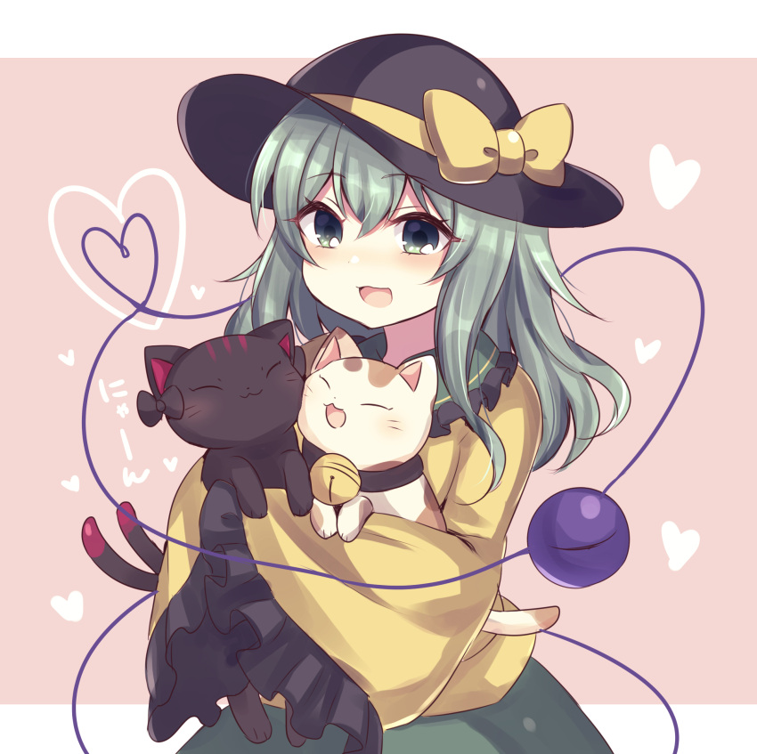 3girls, :3, :d, animal, bangs, bell, black_bow, black_headwear, border, bow, cat, closed_mouth, commentary, eyebrows_visible_through_hair, goutokuji_mike, goutokuji_mike_(cat), green_eyes, green_hair, hair_between_eyes, hat, hat_bow, heart, heart_of_string, highres, holding, holding_animal, kaenbyou_rin, kaenbyou_rin_(cat), komeiji_koishi, long_hair, long_sleeves, looking_at_viewer, multiple_girls, neck_bell, open_mouth, pink_background, shirt, smile, subaru_(subachoco), third_eye, touhou, upper_body, white_border, wide_sleeves, yellow_bow, yellow_shirt