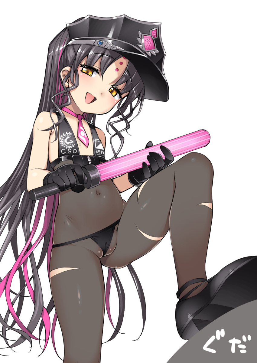 1girl, armband, bangs, bare_shoulders, bikini, black_bikini, black_gloves, black_hair