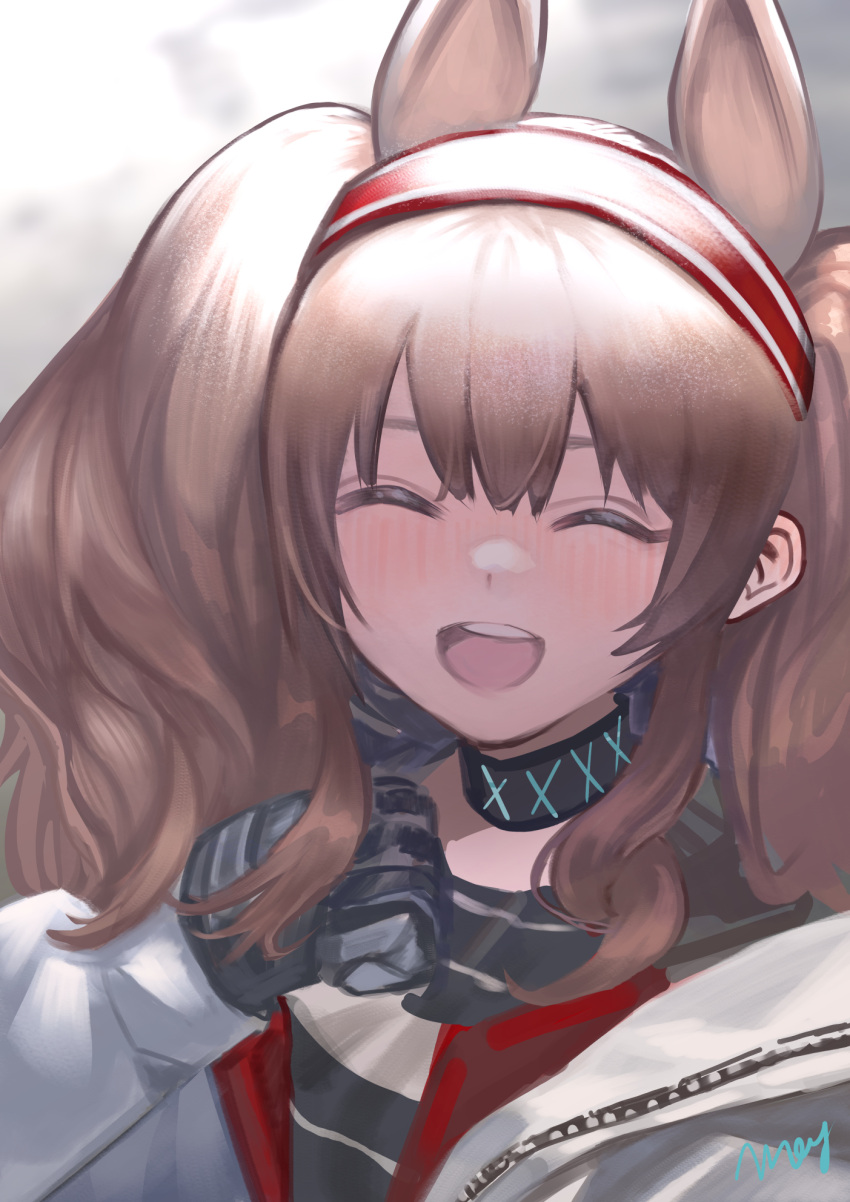 1girl, angelina_(arknights), animal_ears, arknights, bangs, black_gloves, blurry, blurry_background, blush, brown_hair, choker, clenched_hand, closed_eyes, commentary_request, eyebrows_behind_hair, facing_viewer, fox_ears, gloves, hairband, highres, jacket, long_hair, long_sleeves, open_clothes, open_mouth, red_eyes, red_hairband, shirt, signature, smile, solo, striped, striped_hairband, twintails, upper_body, upper_teeth, wanko_(realsight), white_jacket