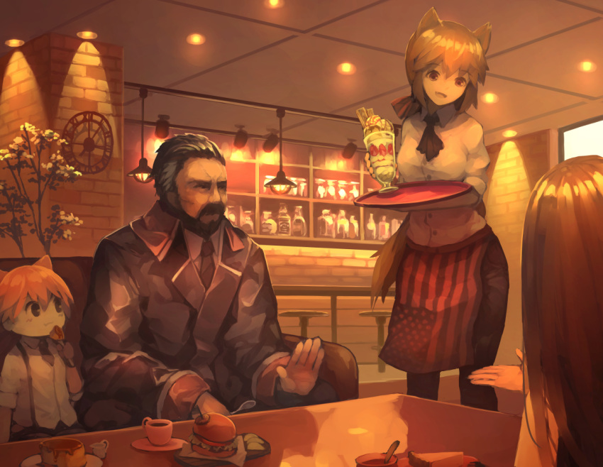 1boy, 3girls, american_flag, american_flag_print, animal_ears, beard, berezovich_kryuger_(girls_frontline), burger