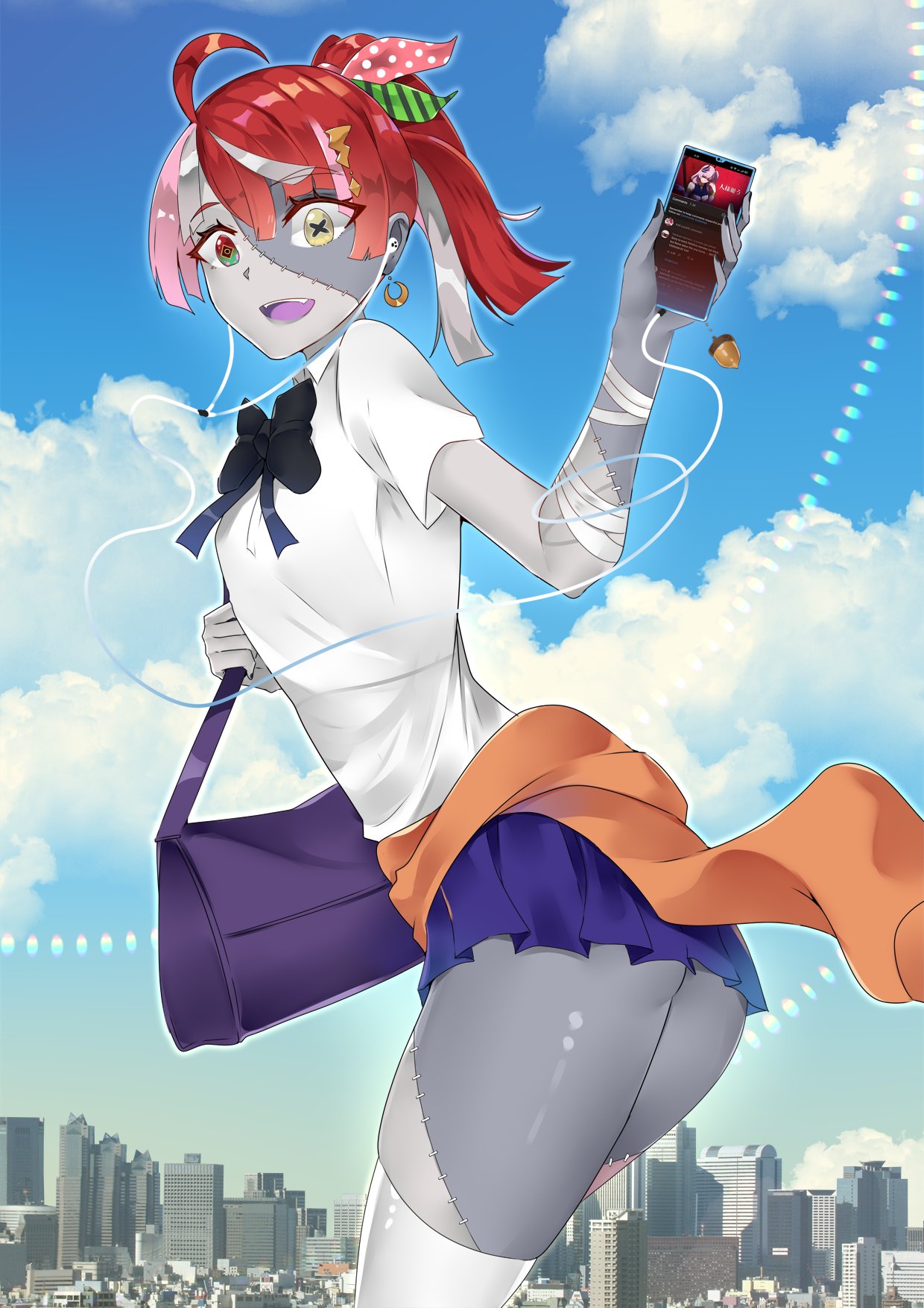 1girl, acorn_pendant, ahoge, alternate_costume, alternate_hairstyle, arm_up, ass, bag