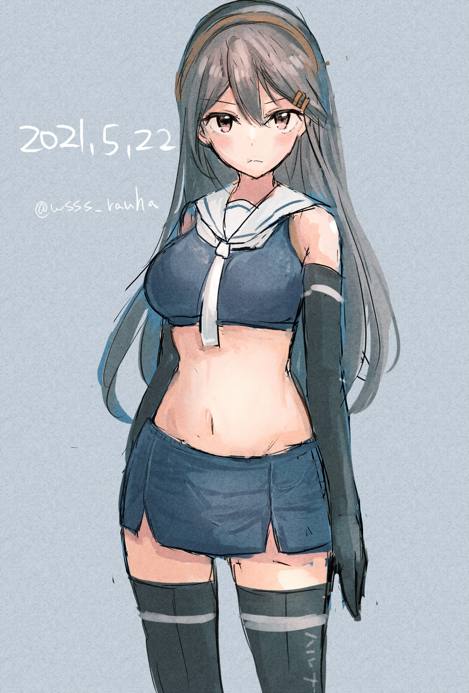 1girl, artist_name, black_gloves, black_hair, black_legwear, blue_skirt, brown_eyes, commentary_request