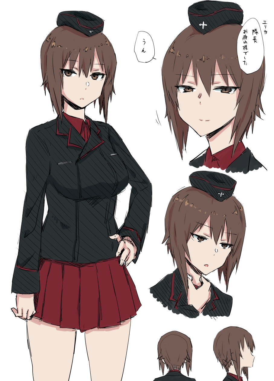 1girl, arm_at_side, beret, black_headwear, black_jacket, bob_cut, breasts, brown_eyes