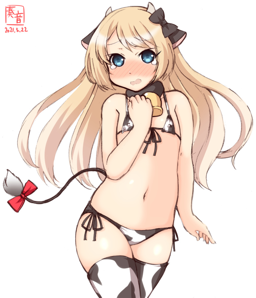 1girl, alternate_costume, animal_ears, animal_print, artist_logo, bikini, blonde_hair, blue_eyes