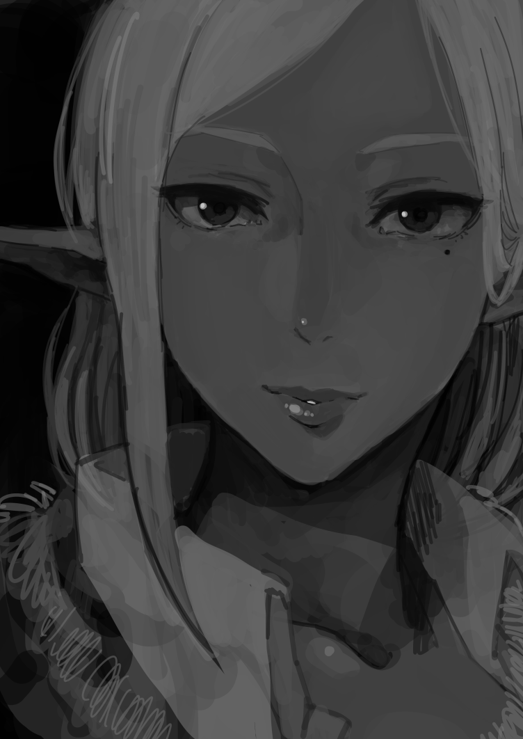 black_background, collared_shirt, copyright_request, elf, gomu_(chewinggom), long_hair, looking_at_viewer, mole