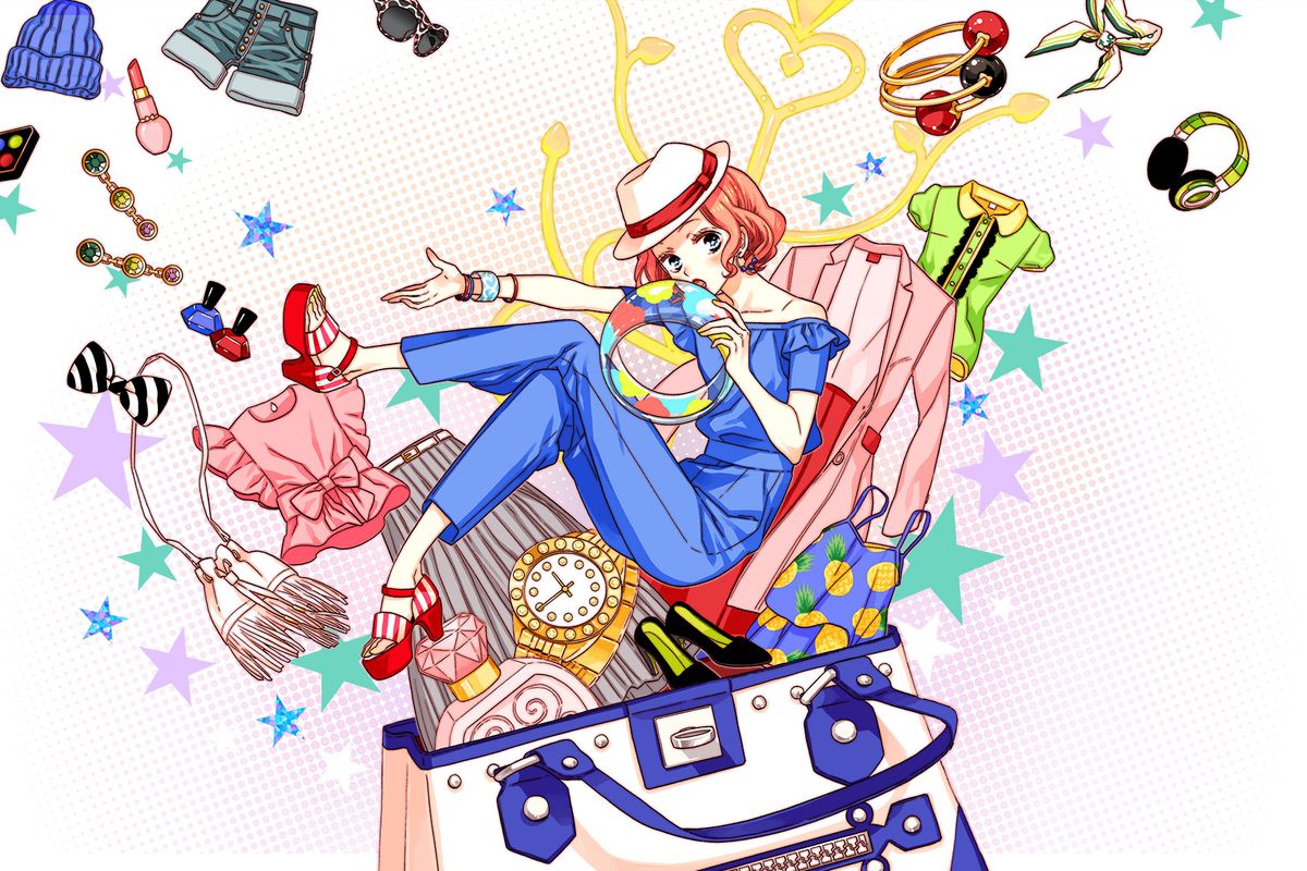 1girl, ascot, bag, bangle, blouse, bob_cut, bow, box_art