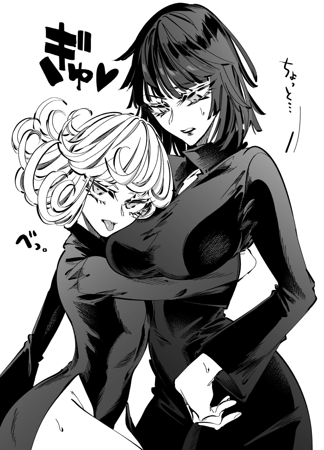 2girls, breasts, cowboy_shot, curly_hair, dress, eyebrows_visible_through_hair, eyelashes, eyes_visible_through_hair