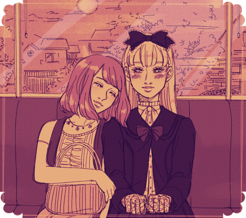 2girls, bag, bangs, blonde_hair, blouse, blush, bob_cut, bow