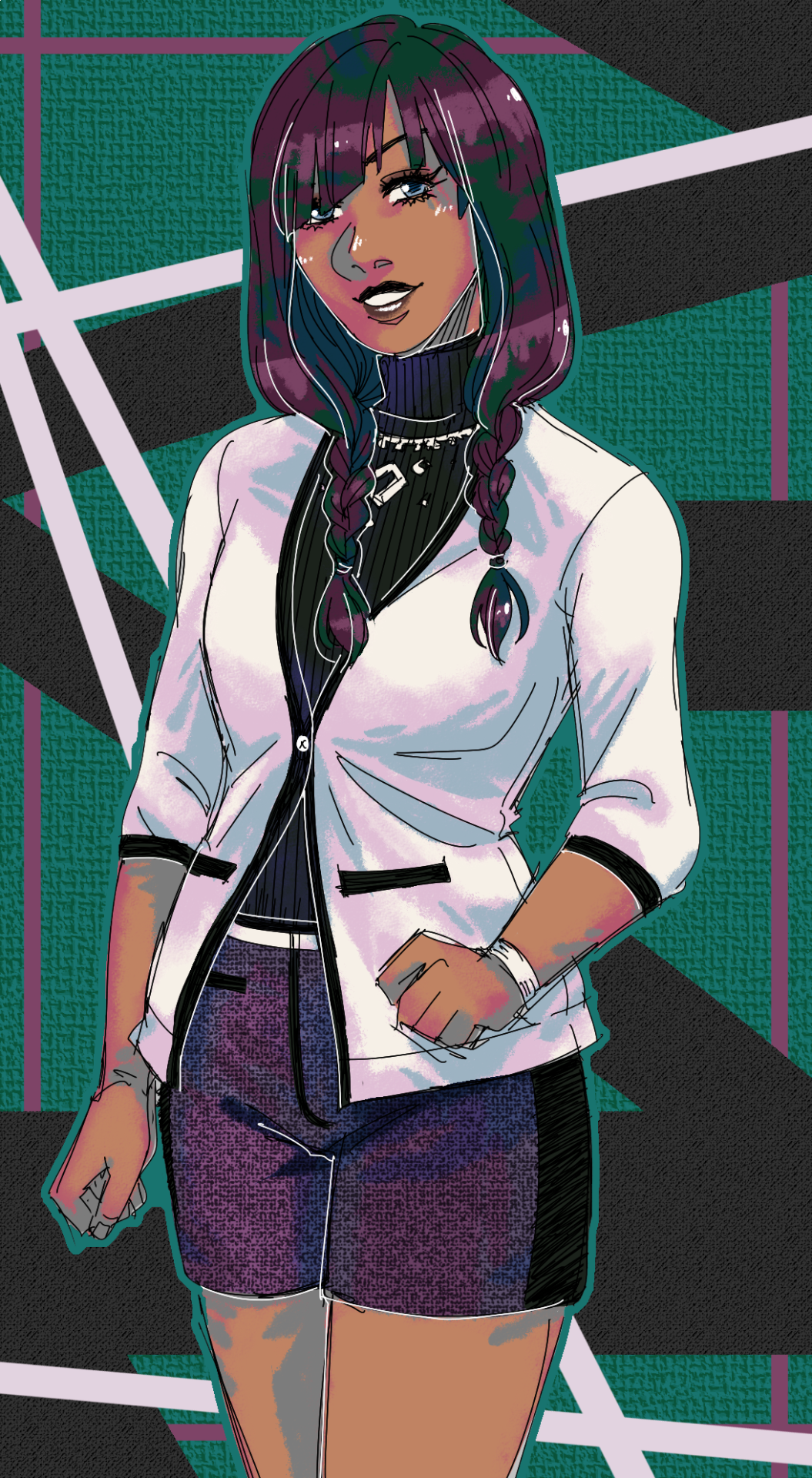 1girl, akolnoix, alternate_costume, bangs, belt, black_hair, black_lips, blazer, bracelet, braid, buttons, dark_skin, eyelashes, fashion, geometric_pattern, green_background, highres, jacket, jewelry, necklace, nintendo, office_lady, pocket, portrait, purple_hair, shorts, slanted_bangs, smile, solo, solo_focus, style_savvy_(video_game_series), sweater, turtleneck, turtleneck_sweater, twin_braids, yolanda_artemisia_(style_savvy)