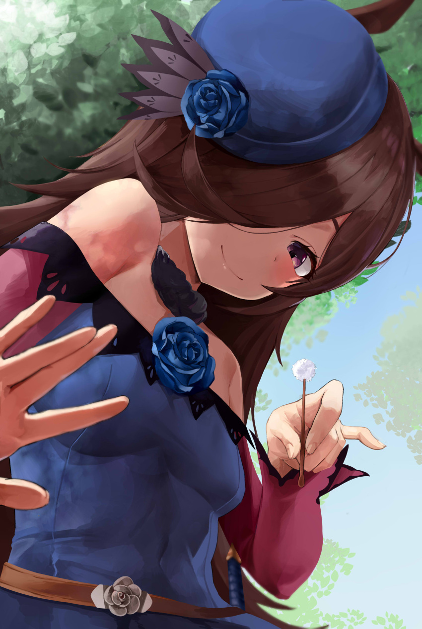 1girl, absurdres, animal_ears, bare_shoulders, belt, blue_dress, blue_headwear, blush