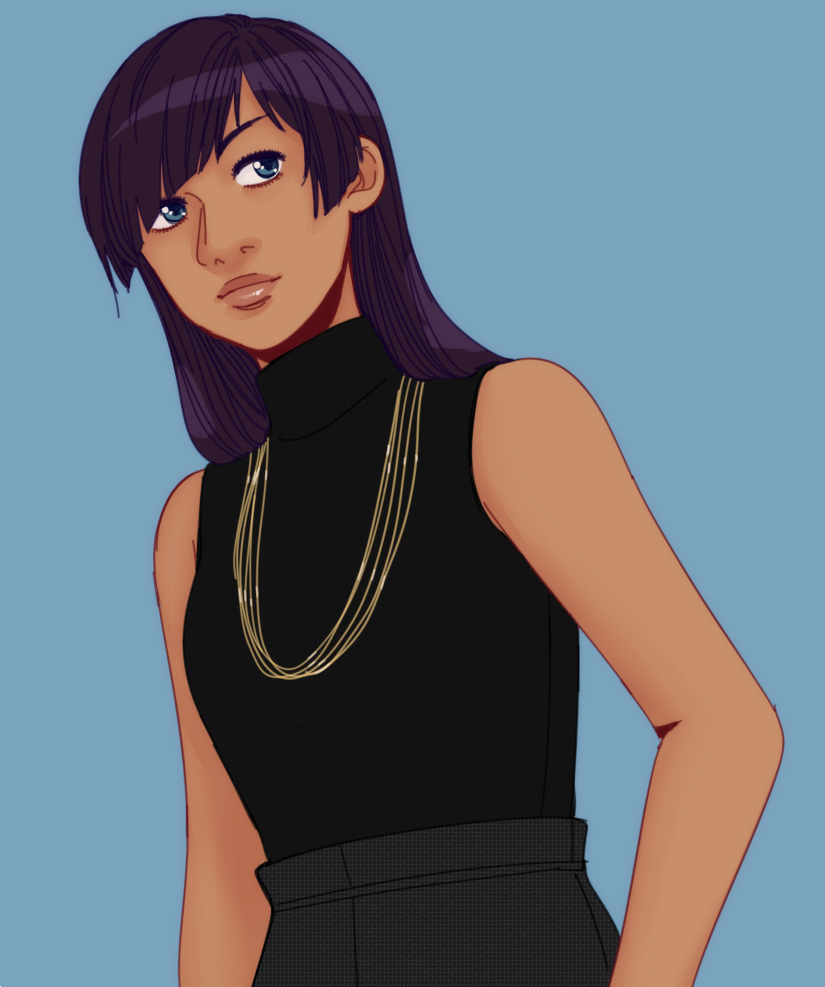 1girl, akolnoix, asymmetrical_bangs, bangs, big_nose, black_hair, blue_eyes, cowboy_shot