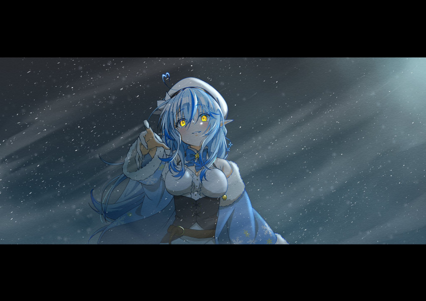 1girl, ahoge, bangs, belt, beret, black_corset, blue_coat, blue_hair