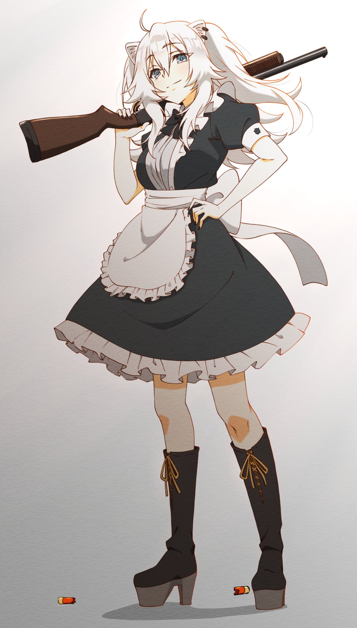 1girl, ahoge, alternate_costume, animal_ears, apron, bangs, black_dress, black_footwear, black_legwear, black_neckwear, boots, bow, bowtie, breasts, carrying_over_shoulder, closed_mouth, commentary_request, dress, enmaided, eyebrows_visible_through_hair, frilled_dress, frills, full_body, grey_eyes, gun, hair_between_eyes, hand_on_hip, high_heel_boots, high_heels, highres, holding, holding_gun, holding_weapon, hololive, homura_minori, knee_boots, large_breasts, lion_ears, lion_girl, long_hair, looking_at_viewer, maid, maid_day, platform_footwear, platform_heels, puffy_short_sleeves, puffy_sleeves, shishiro_botan, short_dress, short_sleeves, shotgun, shotgun_shells, sidelocks, silver_hair, smile, solo, two_side_up, virtual_youtuber, waist_apron, weapon, white_apron