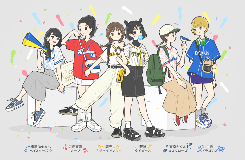 6+girls, absurdres, backpack, bag, baseball, baseball_jersey, belt, bird