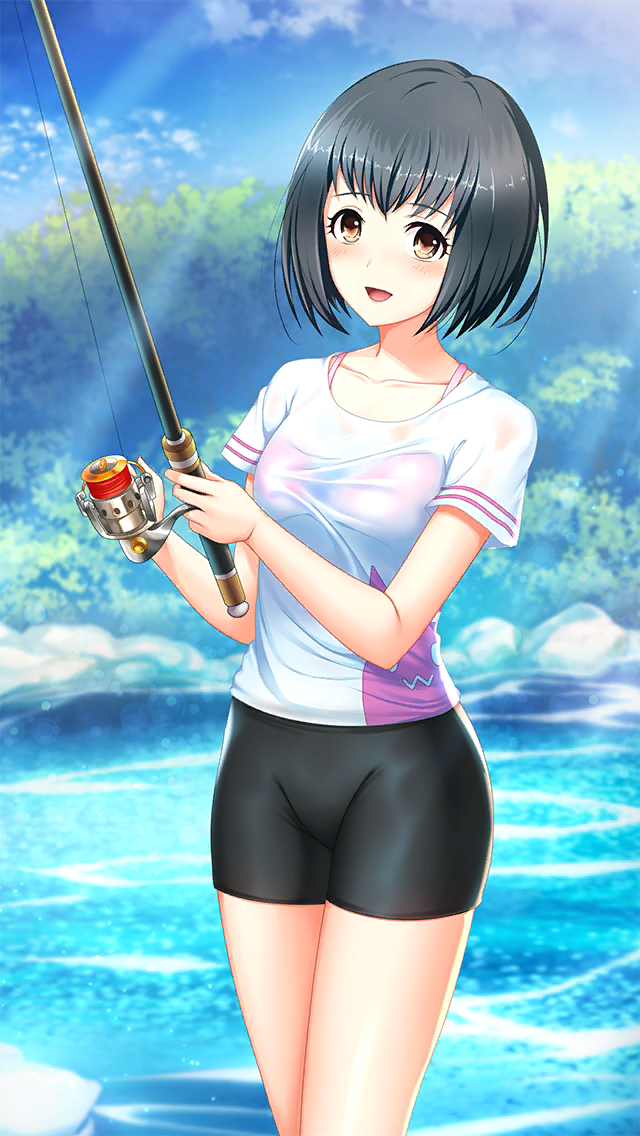 1girl, :d, bike_shorts, black_hair, black_shorts, brown_eyes, collarbone, day