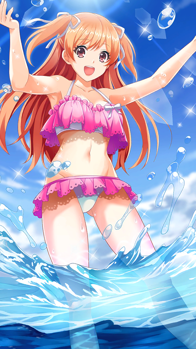 1girl, :d, armpits, ass_visible_through_thighs, bangs, bikini, blue_sky, breasts
