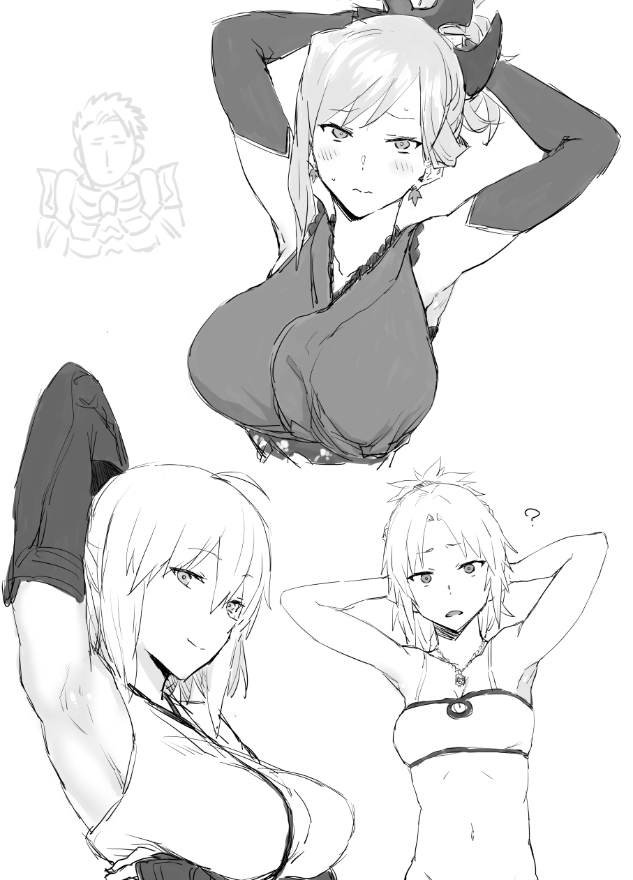1boy, 3girls, ?, achilles_(fate), armpits, blush, breasts, chibi