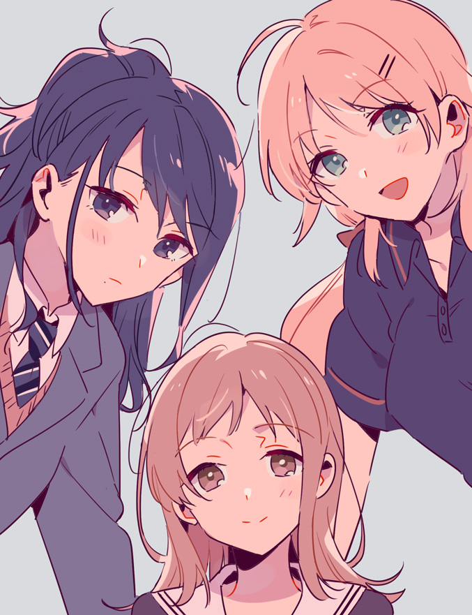 3girls, ahoge, aqua_eyes, blue_background, blue_eyes, blue_hair, blue_jacket, blue_shirt