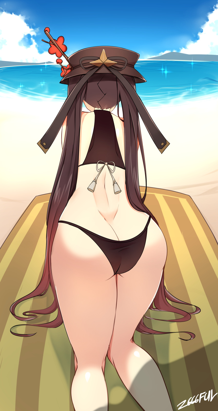 1girl, absurdres, all_fours, artist_name, ass, back, beach, bent_over, bikini, black_bikini, blue_sky, brown_hair, butt_crack, clouds, day, flower, from_behind, genshin_impact, highres, hu_tao_(genshin_impact), huge_filesize, long_hair, ocean, plum_blossoms, sky, swimsuit, twintails, z666ful