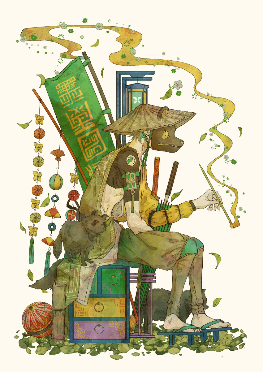 absurdres, ajirogasa, ball, banner, black_mask, chest_of_drawers, clothing_request, commentary_request, covered_face, ears_through_headwear, emaciated, flower, from_side, full_body, geta, green_hair, green_umbrella, hat, highres, holding, holding_pipe, katana, kiseru, lantern, leaf, male_focus, mask, no_socks, oil-paper_umbrella, original, pants, pipe, profile, raccoon_mask, raccoon_tail, short_hair, simple_background, sitting, smoke, smoking, sword, tail, tanuki, tassel, temari_ball, umbrella, weapon, white_background, yagate149