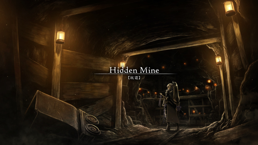 1girl, blonde_hair, english_text, fantasy, highres, indoors, lantern, long_hair