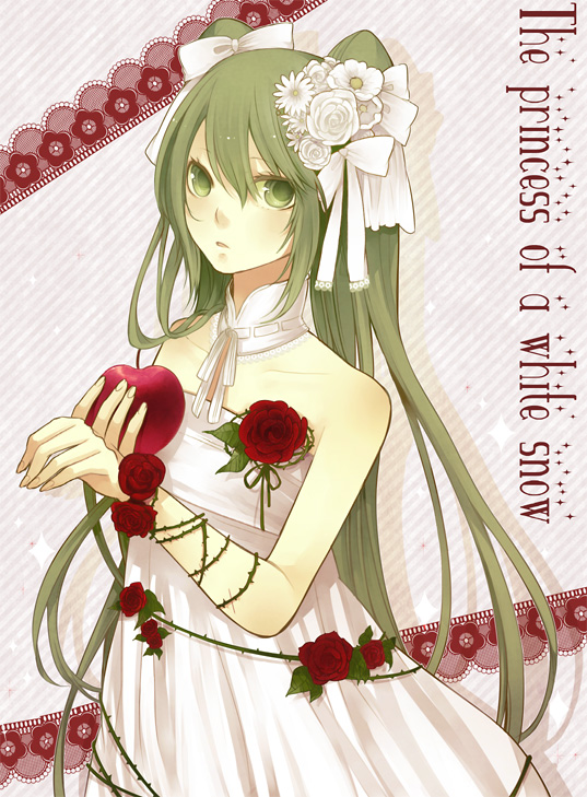 apple, bad_id, bare_shoulders, bow, dress, english, flower, food
