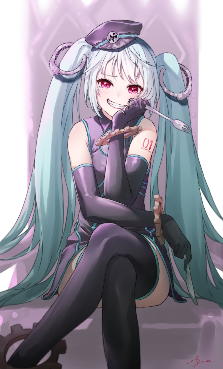1girl, absurdres, aqua_hair, arm_support, azusa_(azunyan12), bare_shoulders, black_dress, black_gloves