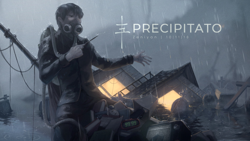 1boy, antennae, artist_name, baton_(instrument), black_eyes, black_hair, blurry, blurry_background, book, clock, crack, cracked_wall, cross, dated, english_text, gas_mask, graveyard, highres, holding, holding_instrument, instrument, male_focus, mask, mouth_mask, open_hand, original, outdoors, paper, partially_immersed, rain, reflection, ripples, solo, static, television, toy, water, wet, zeniyan