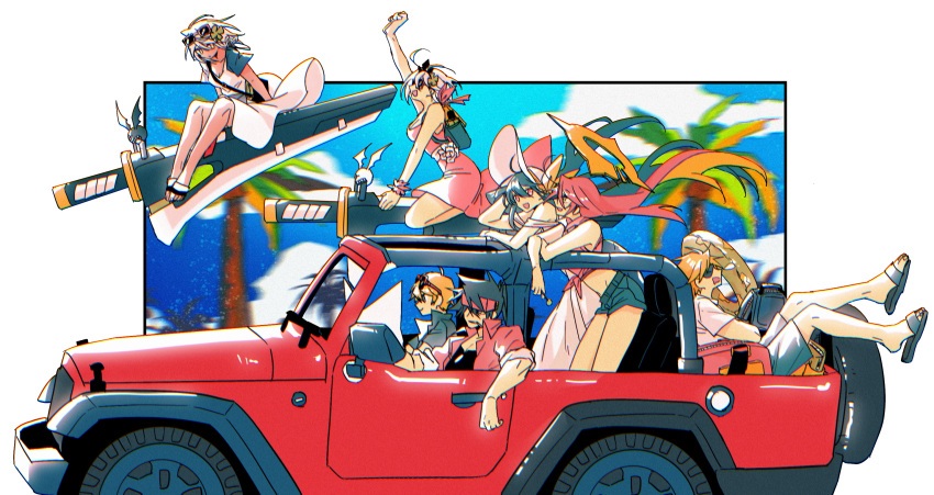 3boys, 4girls, aria_(guilty_gear), bag, bangs, beach, bow, candy, clover, dark-skinned_female, dark_skin, dizzy_(guilty_gear), dong_hole, dress, elphelt_valentine, eyepatch, family, floating_hair, flower, food, four-leaf_clover, glasses, ground_vehicle, guilty_gear, guilty_gear_strive, halo, hat, hat_bow, hat_ribbon, headband, highres, huge_weapon, jack-o'_valentine, ky_kiske, large_hat, lollipop, mother_and_daughter, motor_vehicle, multiple_boys, multiple_girls, ocean, palm_tree, ramlethal_valentine, ribbon, sand, short_hair, short_shorts, shorts, siblings, sin_kiske, sisters, slippers, sol_badguy, sun_hat, sundress, sword, tree, twintails, vacation, weapon, yellow_bow, yellow_ribbon