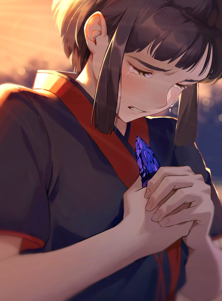 1girl, absurdres, bangs, blush, brown_hair, clenched_teeth, closed_eyes, crying
