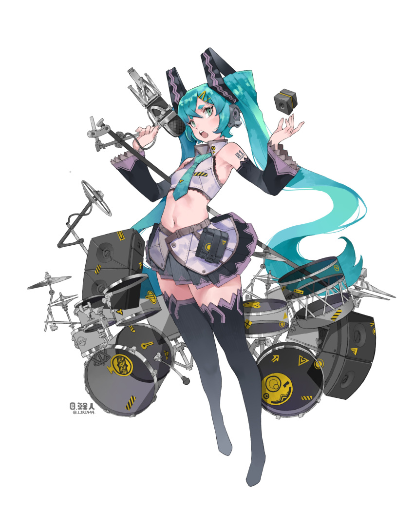 1girl, absurdres, aqua_eyes, aqua_hair, aqua_neckwear, bare_shoulders, black_legwear, black_sleeves